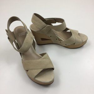 EILEEN FISHER Light Taupe/Beige Suede Velcro Strap Wedge Heels Shoes